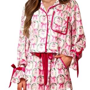 Santa Pajama Set with Velvet Ribbon Accents